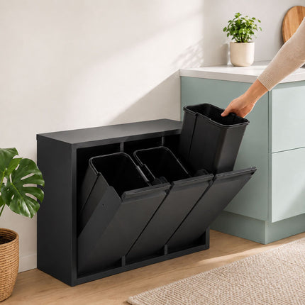 3-Compartment Waste Bin, 30L, Black, Steel-Plastic