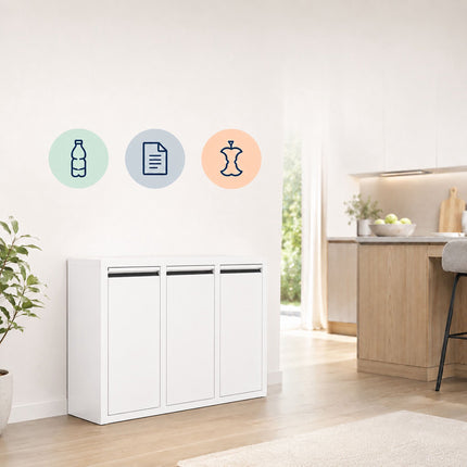 3-Compartment Waste Bin, 30L Total Capacity, White