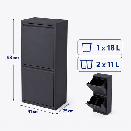3-Compartment Waste Bin 40 l with Tipping Function, Anthracite, Wall-Mountable