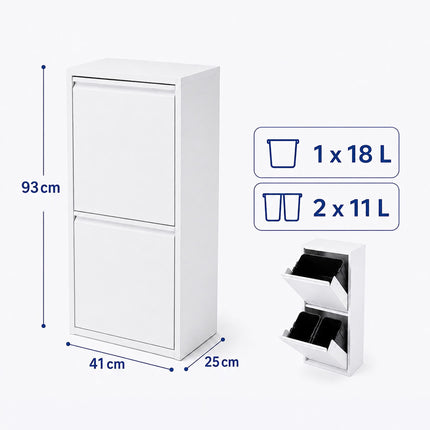 3-Compartment Waste Bin 40 l with Tipping Function, White, Wall-Mountable