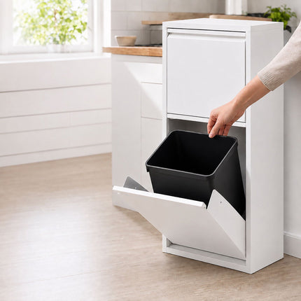 3-Compartment Waste Bin 40 l with Tipping Function, White, Wall-Mountable