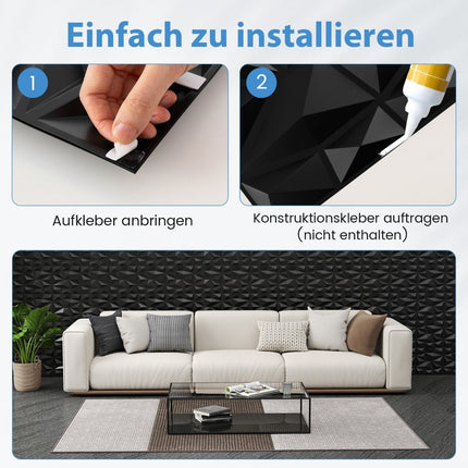 3D Wandpaneele, schwarzes Rautenmuster, 100 Stück, 9m² Abdeckung