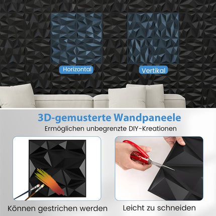 3D nástěnné panely, černé PVC, 50 ks, 30x30 cm, pokrytí 4.5m²