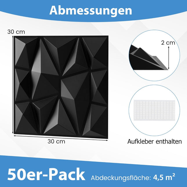 3D-Wandpaneele, schwarzes PVC, 50er-Pack, 30x30 cm, 4,5m² Abdeckung