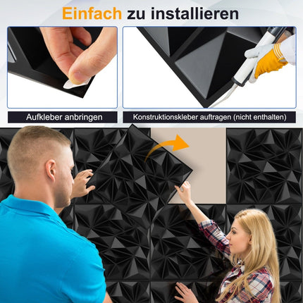 3D Wandpaneele, Rautenmuster, Schwarz, 10m² Abdeckung