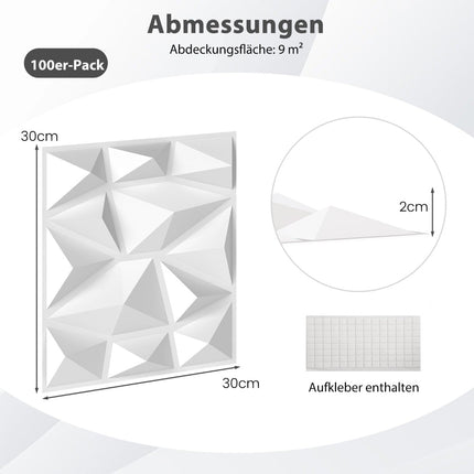 3D-Wandpaneele, Rautenmuster, PVC, 100 Stück, 9 m² Abdeckung