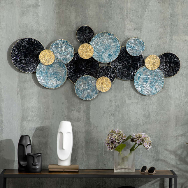 3D Metall Wandkunst - moderne Skulptur, gold/schwarz/blau, 121x53 cm