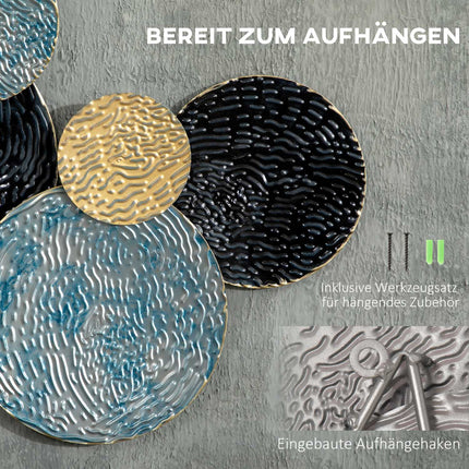 3D Metall Wandkunst - moderne Skulptur, gold/schwarz/blau, 121x53 cm