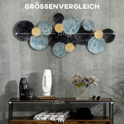 3D Metall Wandkunst - moderne Skulptur, gold/schwarz/blau, 121x53 cm