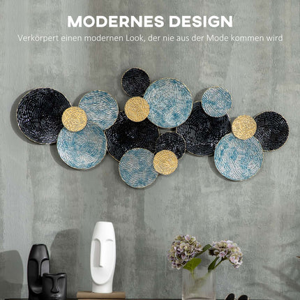 3D Metall Wandkunst - moderne Skulptur, gold/schwarz/blau, 121x53 cm