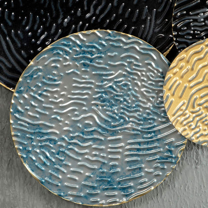 3D Metall Wandkunst - moderne Skulptur, gold/schwarz/blau, 121x53 cm