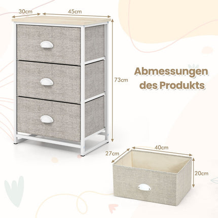 Commode met 3 lades, stof en metaal, 45x30x73 cm, wit/grijs