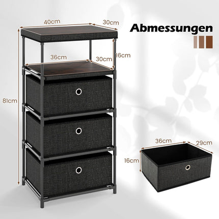Kommode mit 3 Stoffschubladen und Holzplatte, Schwarz, 40x30x81 cm