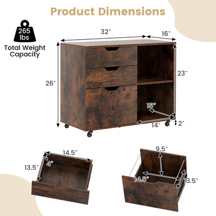 3-Schubladen-Aktenschrank mit verstellbarem Regal, feststellbare Räder