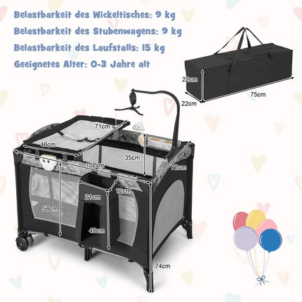 3 IN 1 zijbed opvouwbaar reisbed met matras hangend speelgoed 102 x 72 x 74 cm grijs