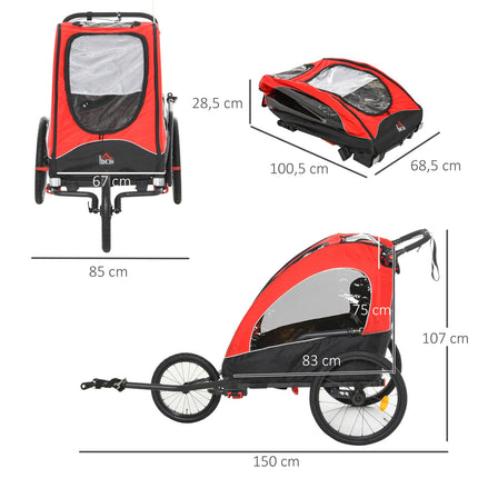 3-in-1 Kinder-Jogger- und Fahrradanhänger, rot/schwarz, für 2
