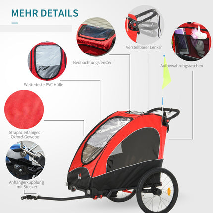 3-in-1 Kinder-Jogger- und Fahrradanhänger, rot/schwarz, für 2