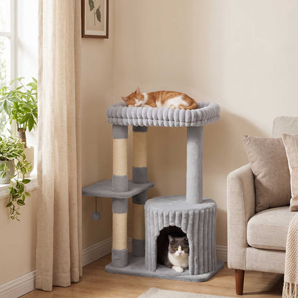 3-Level Cat Tree 93 cm with Sisal Posts and Washable Top Bed, Cave, Grey