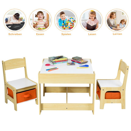 3 tlg. Kindersitzgruppe, Kindermöbel, Kindersitzgarnitur, Kindertisch mit 2 Holzstühlen, 3 in 1 Maltisch