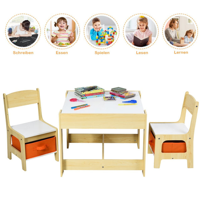 3 tlg. Kindersitzgruppe, Kindermöbel, Kindersitzgarnitur, Kindertisch mit 2 Holzstühlen, 3 in 1 Maltisch