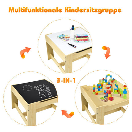 3 tlg. Kindersitzgruppe, Kindermöbel, Kindersitzgarnitur, Kindertisch mit 2 Holzstühlen, 3 in 1 Maltisch
