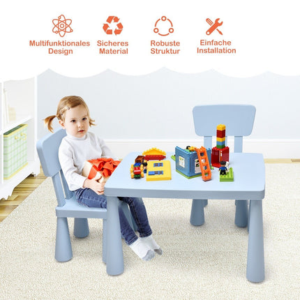 Ensemble de 3 sièges pour enfants, table et 2 chaises, mobilier pour enfants en plastique bleu.