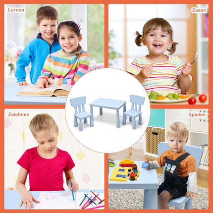 Ensemble de 3 sièges pour enfants, table et 2 chaises, mobilier pour enfants en plastique bleu.