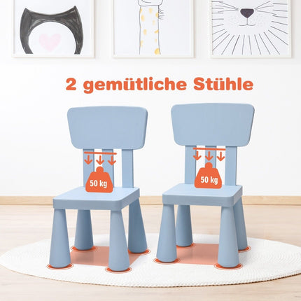Ensemble de 3 sièges pour enfants, table et 2 chaises, mobilier pour enfants en plastique bleu.