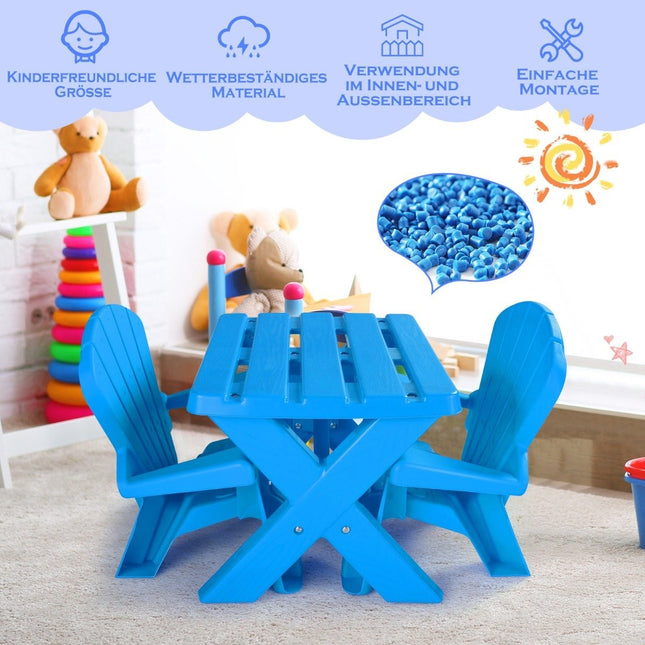 3 tlg. Kindersitzgruppe aus Kunststoff Kindertisch mit 2 blauen Adirondack-Stühlen