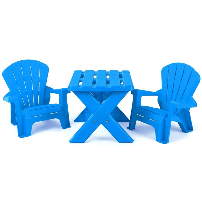 3 tlg. Kindersitzgruppe aus Kunststoff Kindertisch mit 2 blauen Adirondack-Stühlen