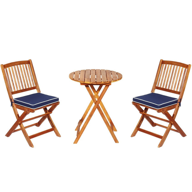 3 PCS. Patio furniture set with round table & 2 chairs & 2 cushions ergonomic seating set blue