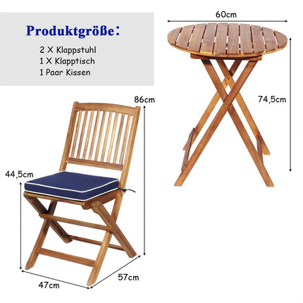 3 ks sestava zahradního nábytku s kulatým stolem, 2 židlemi a 2 podsedáky, ergonomická sedací sestava modrá