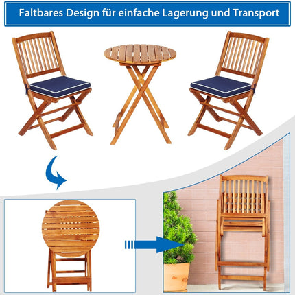 3 ks sestava zahradního nábytku s kulatým stolem, 2 židlemi a 2 podsedáky, ergonomická sedací sestava modrá
