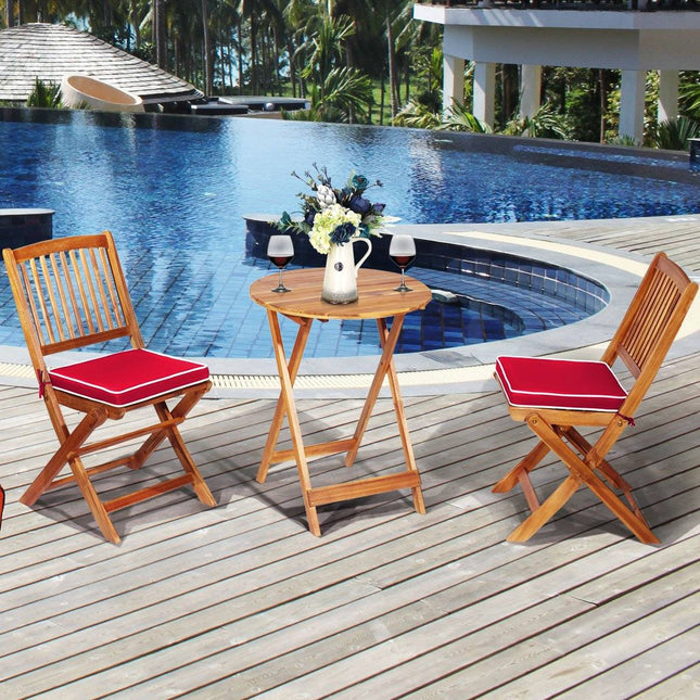 3 PCS. Patio furniture set with round table & 2 chairs & 2 cushions ergonomic seating set red