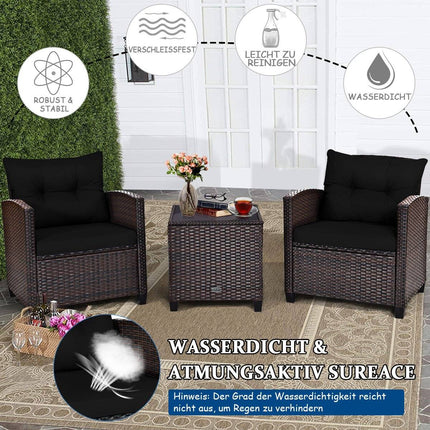 3-tlg. Rattan Gartenmöbel Set, Balkonmöbel, Gartenlounge mit Sitzkissen und Couchtisch, schwarz