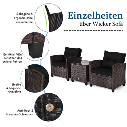 3-tlg. Rattan Gartenmöbel Set, Balkonmöbel, Gartenlounge mit Sitzkissen und Couchtisch, schwarz