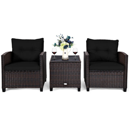 3-tlg. Rattan Gartenmöbel Set, Balkonmöbel, Gartenlounge mit Sitzkissen und Couchtisch, schwarz