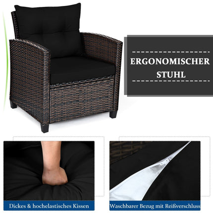 3-tlg. Rattan Gartenmöbel Set, Balkonmöbel, Gartenlounge mit Sitzkissen und Couchtisch, schwarz