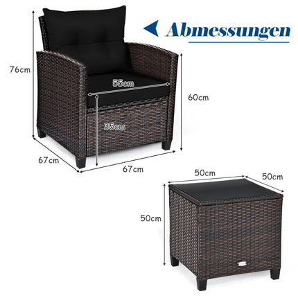 3-tlg. Rattan Gartenmöbel Set, Balkonmöbel, Gartenlounge mit Sitzkissen und Couchtisch, schwarz
