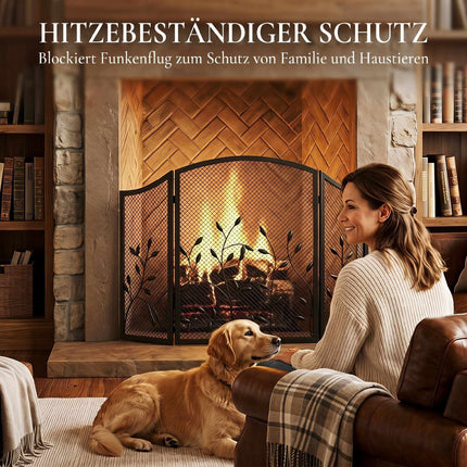 3-Panel Black Metal Fireplace Screen, Heat Resistant