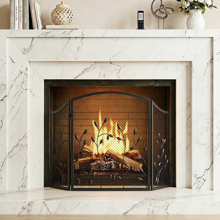 3-Panel Black Metal Fireplace Screen, Heat Resistant