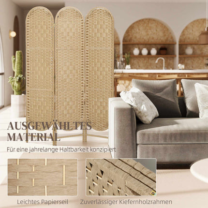 3-Panel Folding Room Divider with Arched Top, Natural Finish