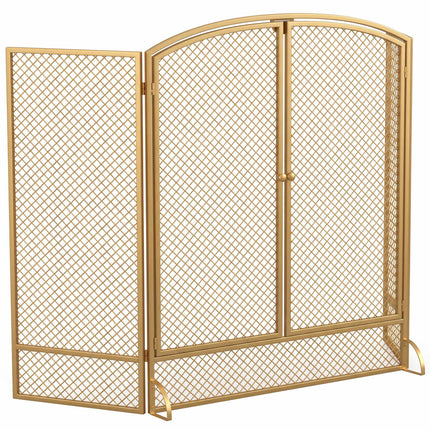3-Panel Gold Metal Fireplace Screen with Double Doors