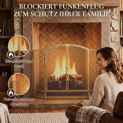 3-Panel Gold Metal Fireplace Screen with Double Doors