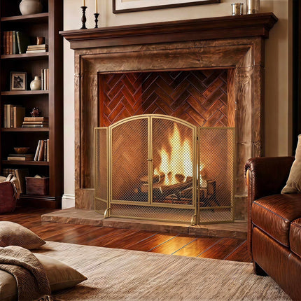 3-Panel Gold Metal Fireplace Screen with Double Doors