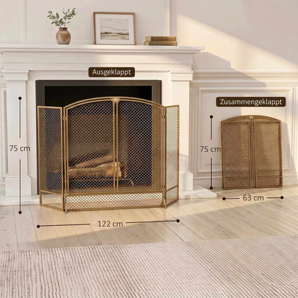 3-Panel Gold Metal Fireplace Screen with Double Doors