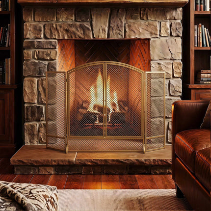 3-Panel Gold Metal Fireplace Screen with Double Doors