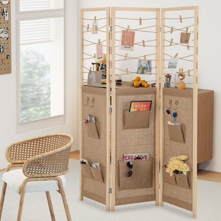 3-Panel Room Divider with Storage, 120×170 cm Wood