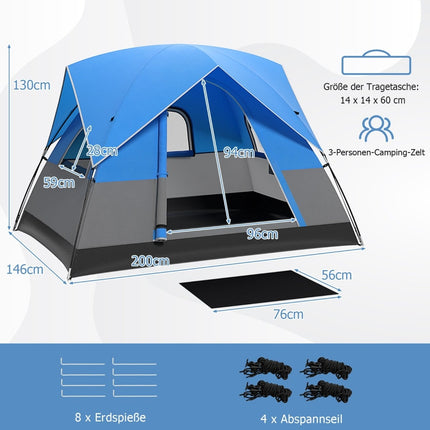 3-Person Camping Tent with Removable Rainfly & Mat