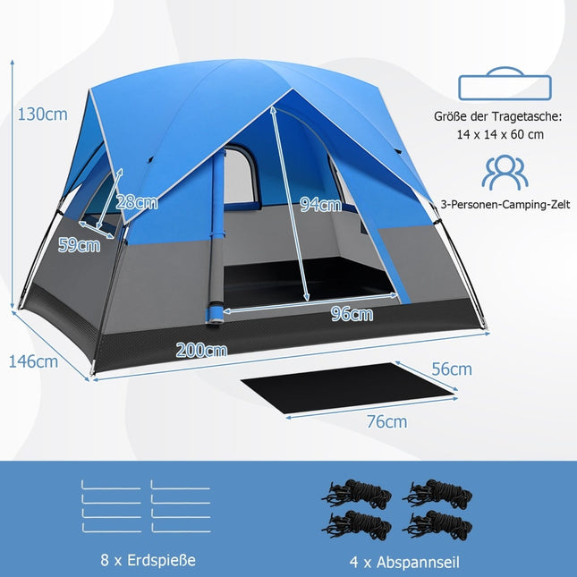 3-Personen-Campingzelt mit abnehmbarem Regenschutz und Unterlage